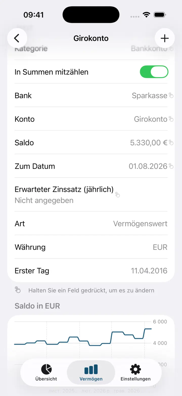 Positionskarte: Bank, Konto, Saldo, Stichtag, erwarteter Zinssatz und der Saldoverlauf.