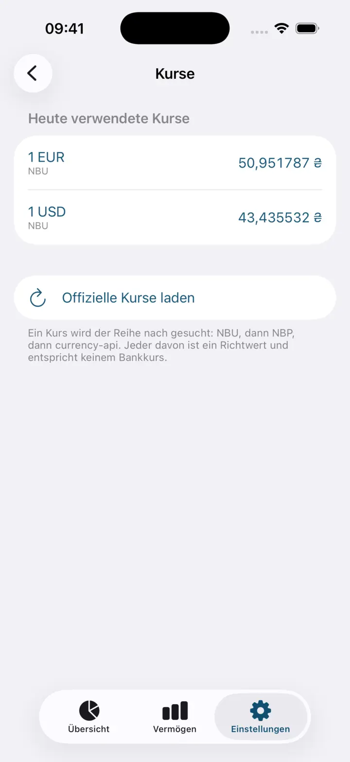Der Bildschirm „Kurse“: der Kurs, den die App heute verwendet, und die Schaltfläche, die die offiziellen Kurse lädt.