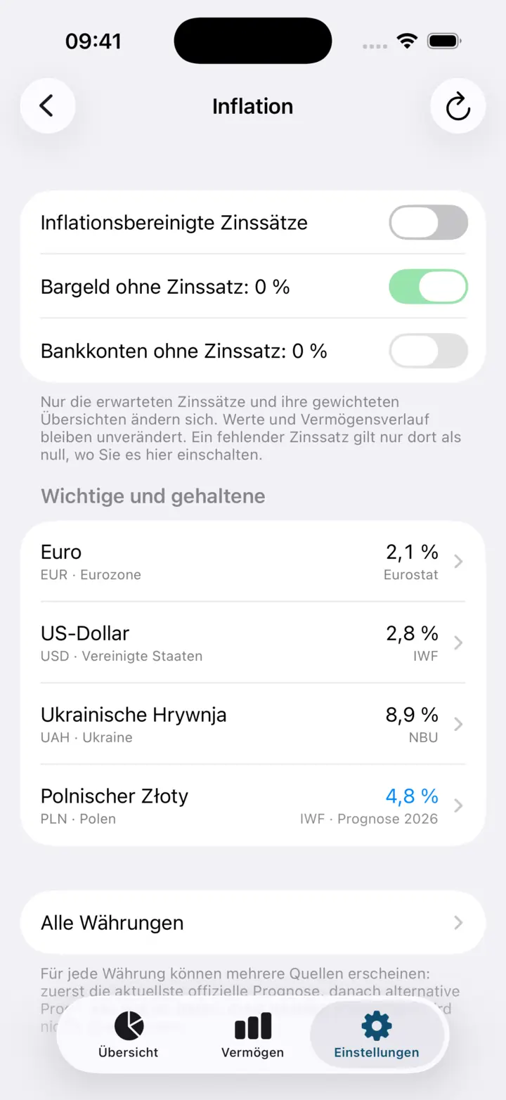 Der Bildschirm „Inflation“: die Schalter für die Inflationsbereinigung und die Liste der Währungen — je ein Wert und der Name seiner Quelle.