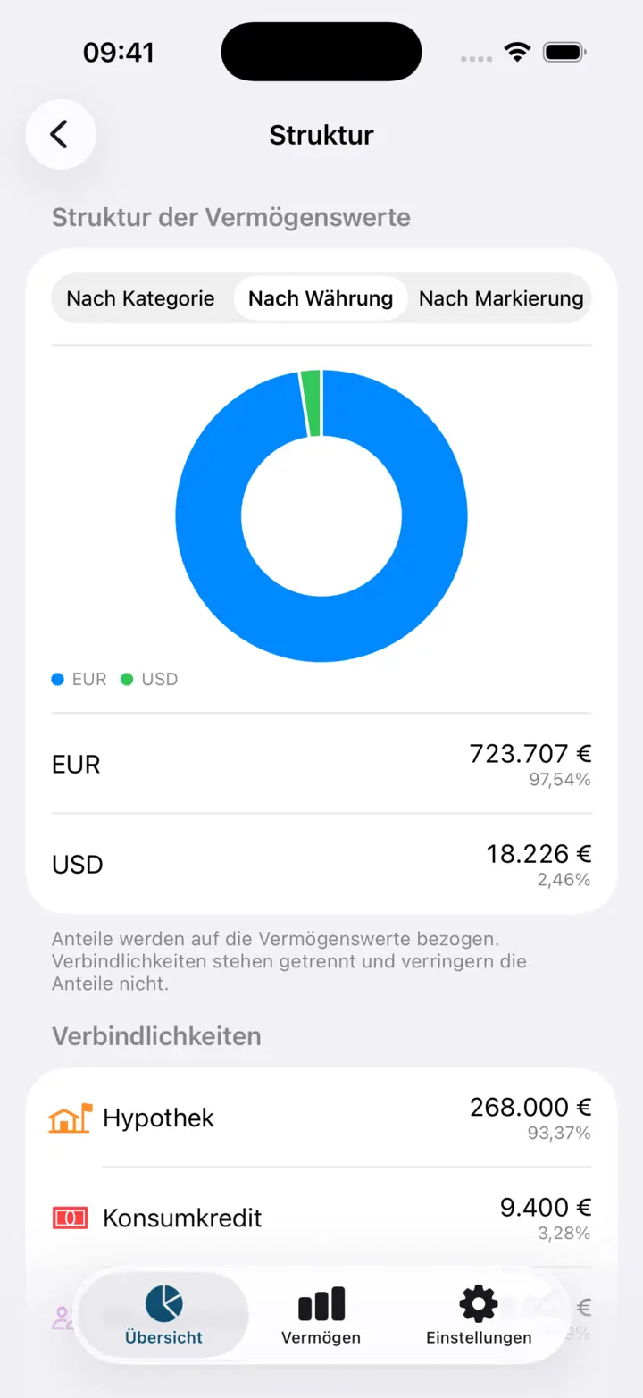 Derselbe Bildschirm nach Währung; die Schulden stehen getrennt unter dem Besitz und verringern die Anteile nicht.