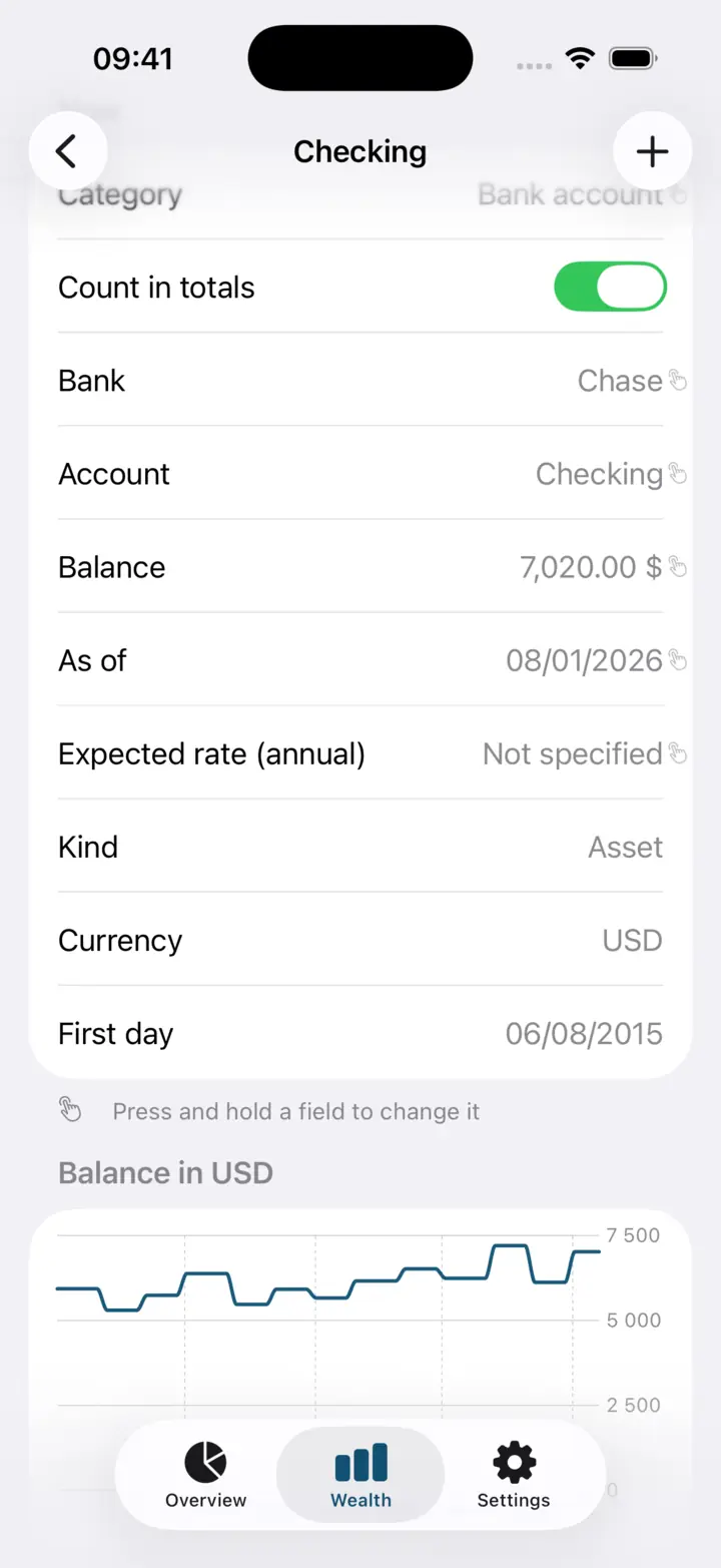 A position card: bank, account, balance, as-of date, expected rate and the balance chart.