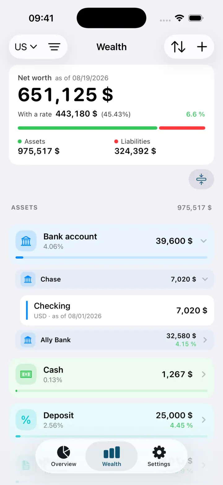 The capital screen: net worth, the totals for assets and liabilities, and the list of accounts with their shares.
