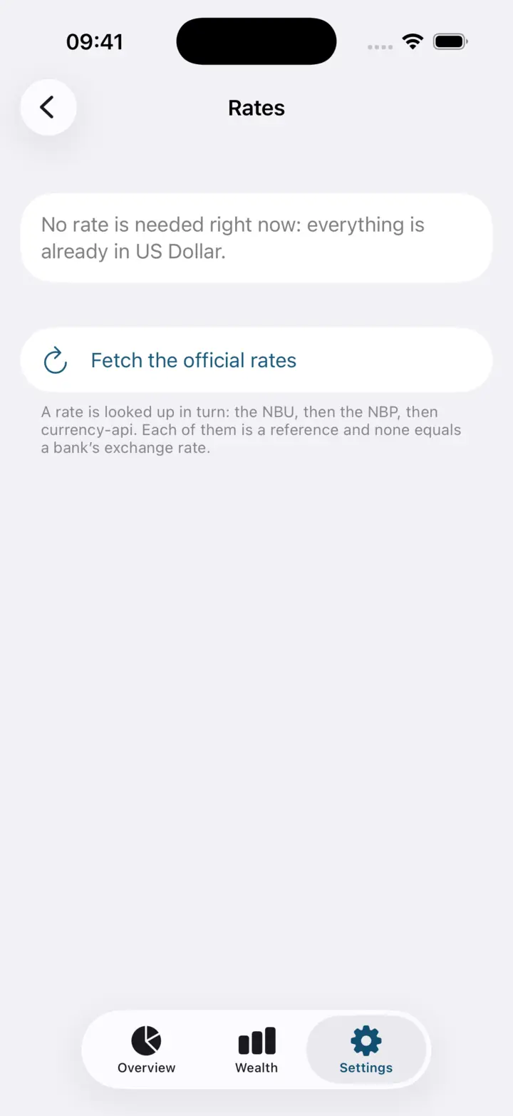 The rates screen: the rate the app uses today and the button that fetches the official ones.